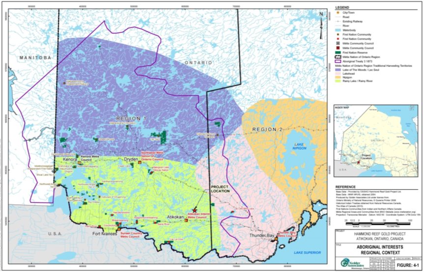 The map shows the Project 23 kilometres northeast of Atikokan and within the Treaty 3 area. The potentially affected Indigenous groups (see Subsection 2.2.1) are west of the Project, except Lac des Mille Lacs First Nation, which is east of the Project.