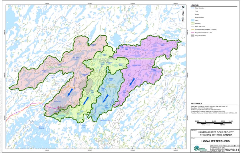 Map delineates the main watersheds-Sawbill Bay, Lynxhead-Trap-Turtle Bay, Light Bay, and Upper Seine Bay-and shows their tributary flow directions towards the southwest. The mine study area is within Sawbill Bay and Lynxhead-Trap-Turtle Bay watersheds.
