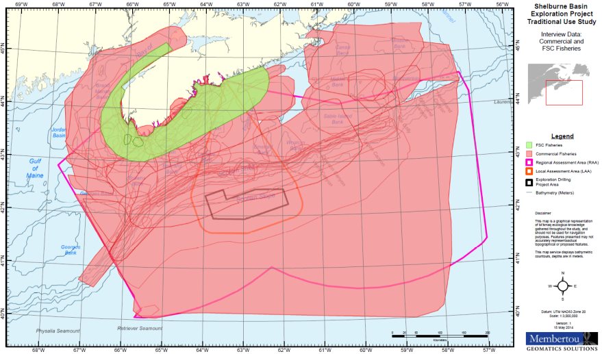 Figure 4 is a map showing color-coded regions in which various fishing activities occur. Food, social and ceremonial fishing occurs within approximately 50 kilometres of the Nova Scotia coast, while commercial fishing extends out to and beyond the project area.