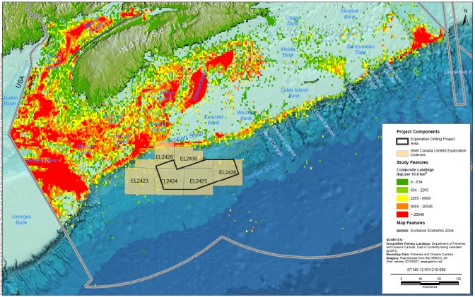 Figure 5 is a map that shows composite groundfish fisheries catch (landings) data (weight) over the period from 2006 to 2010. The data is in the form of dots on the map that are color coded according to their values.