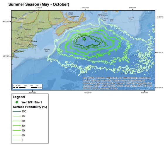 Figure 7 Sea Surface Oiling Probabilities Exceeding Thickness Threshold - 30-day Unmitigated Summer Blowout - Model Site 1