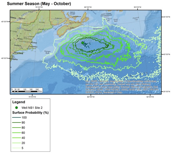 Figure 8: Sea Surface Oiling Probabilities Exceeding Thickness Threshold - 30-day Unmitigated Summer Blowout - Model Site 2