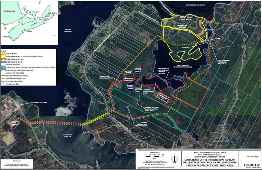 A pipeline runs from west to east, originating at the pulp mill property west of the East River, crossing under the East River to the effluent treatment facility. Infrastructure associated with the effluent treatment facility are shown. Indian Reserve land is located directly adjacent to the Boat Harbour stabilization lagoon, to the north and east, and south of the existing containment cell. The Northumberland Strait is located north of the effluent treatment facility.