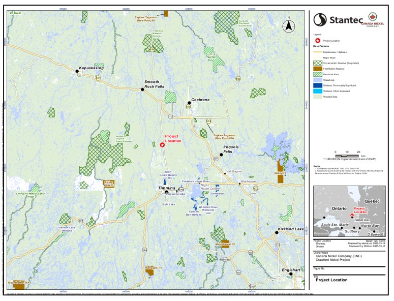 The Designated Project is the construction, operation, decommissioning and abandonment of an open pit nickel-cobalt mine and on-site ore processing facilities (mill) that is located approximately 42 kilometres (km) north of Timmins, Ontario.